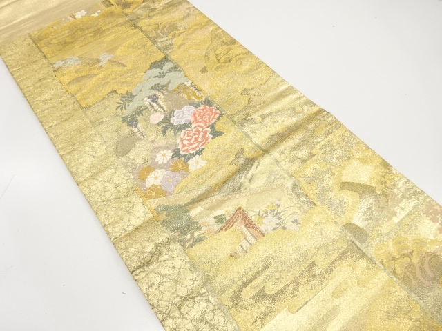 御所車に松藤・牡丹・菊模様織出し袋帯